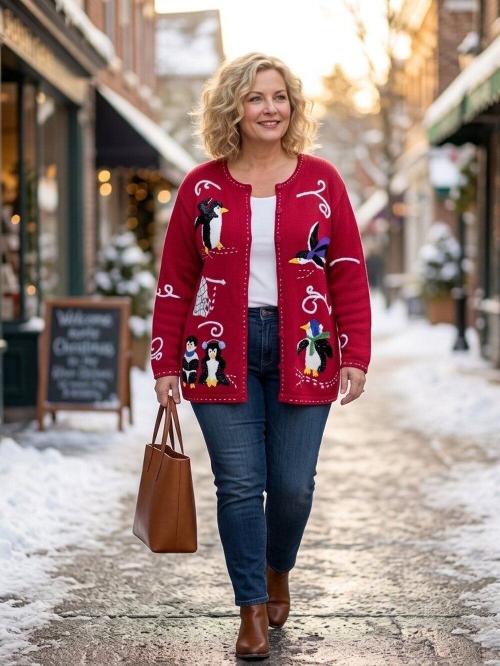Quacker Factory 3X Vintage Red Penguin Cardigan Sweater Sequin Knit Winter